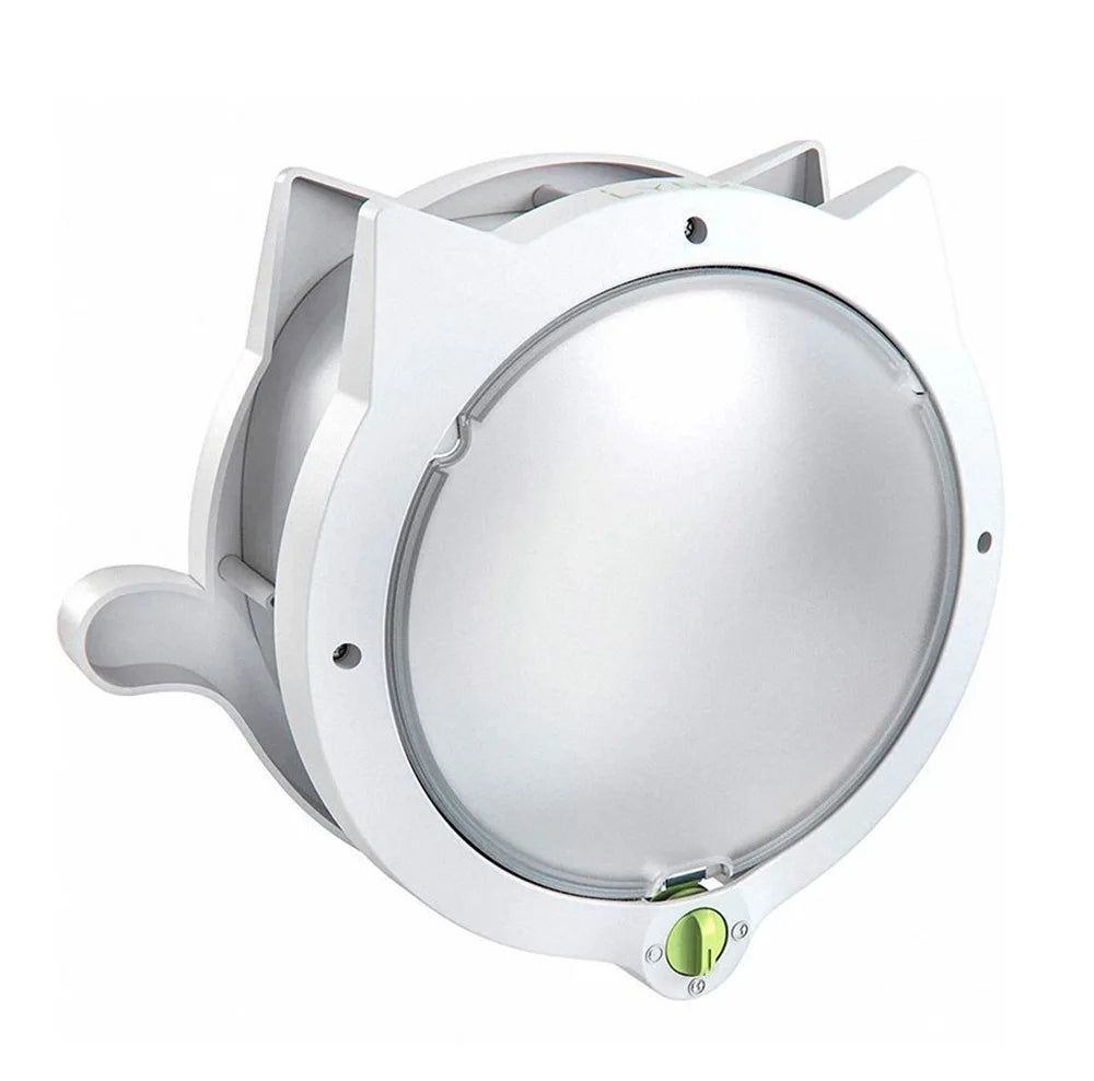 A white 4-way lockable pet door flap for cats and dogs with a circular glass window.