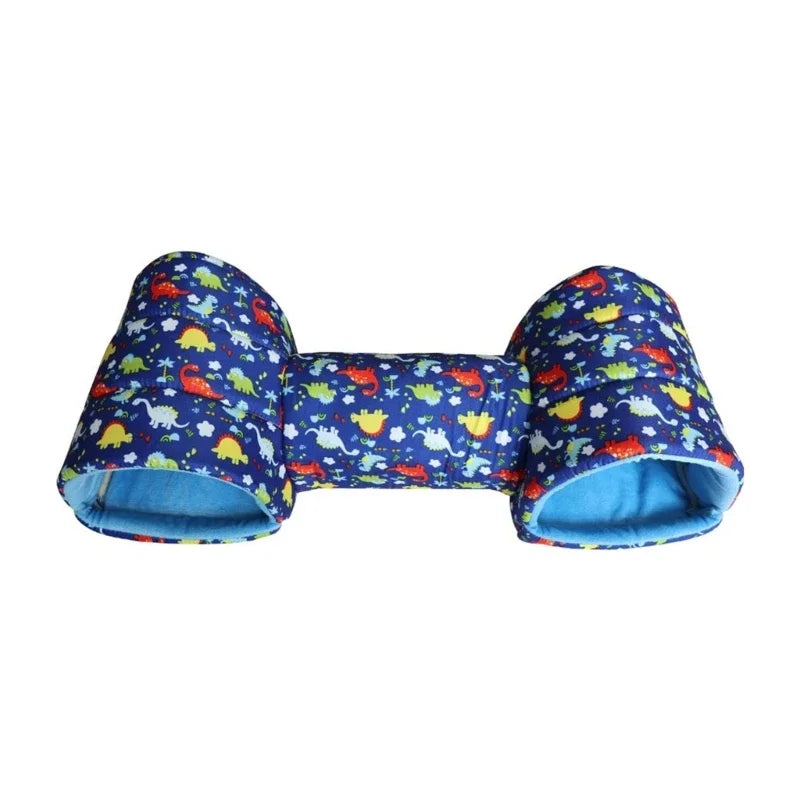 A cozy fleece tunnel bed for small pets featuring a blue fabric with colorful animal patterns.