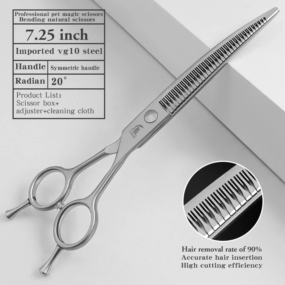 A pair of silver professional pet magic scissors with a symmetric handle and blade, shown against a white background.