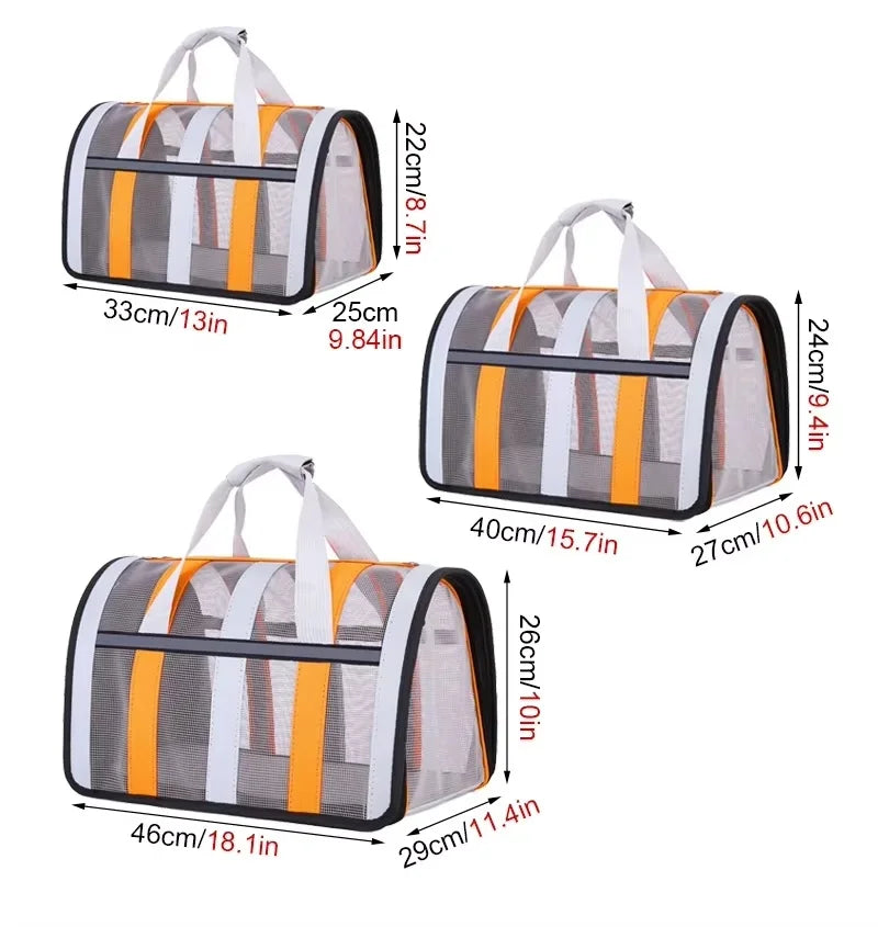 A set of lightweight foldable mesh travel carrier bags for small pets, shown in black and orange.