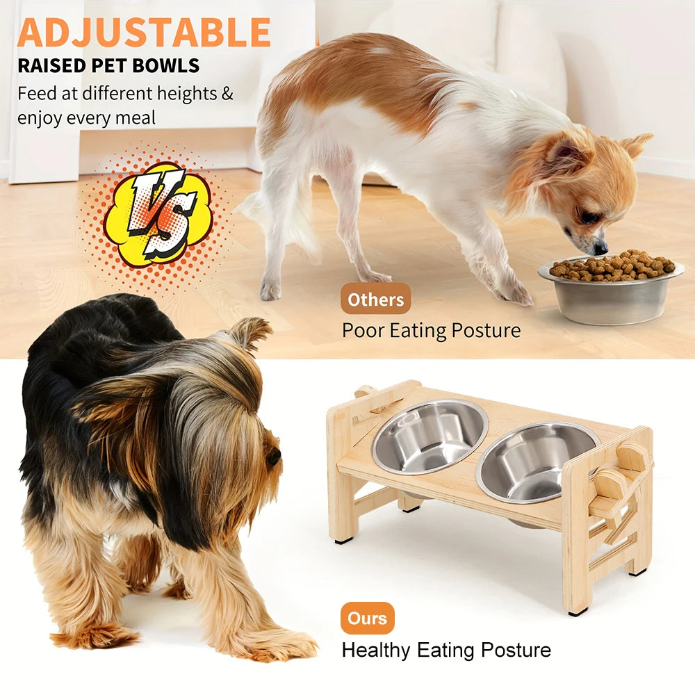 A dog is shown eating from an adjustable raised bowl on a wooden stand, demonstrating a healthy eating posture.