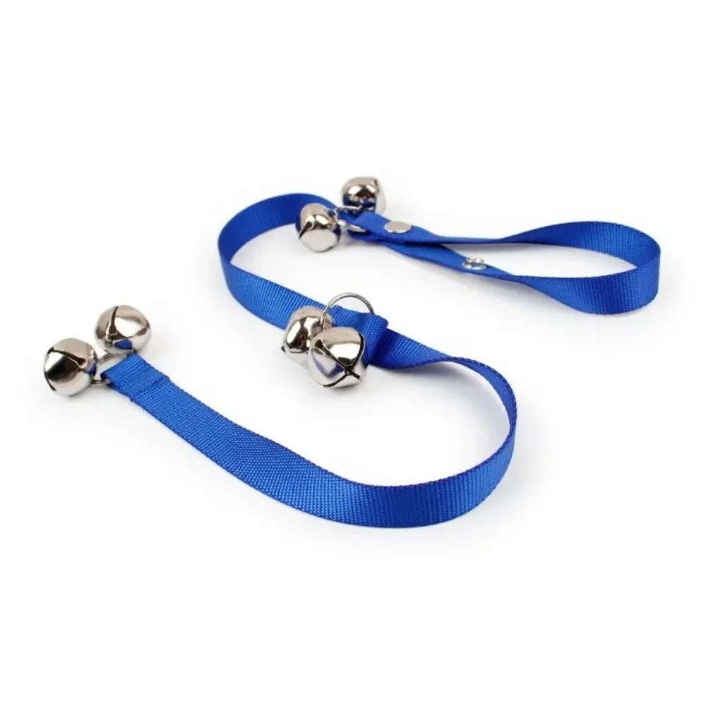 Blue adjustable metal dog doorbell for potty training with attached strap and bell.