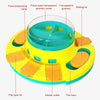 A yellow and blue interactive dog slow feeder puzzle toy with various components like a food dispensing ramp, granary cover, 