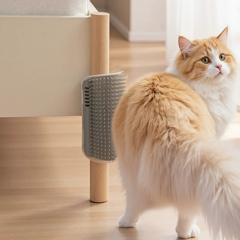 A fluffy orange and white cat is positioned next to a grooming brush on a wooden floor.