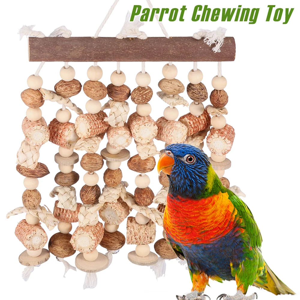 A parrot is perched on a natural wood chewing toy made of various sized wooden pieces.