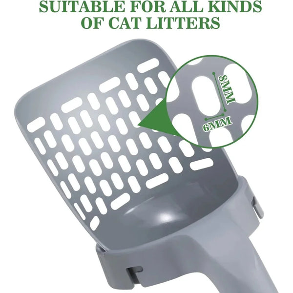A gray cat litter scoop with a mesh design and integrated container, showing a 6mm to 8mm opening.