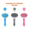 Three versions of a pet hair removal slicker brush in blue, gray, and pink are displayed.