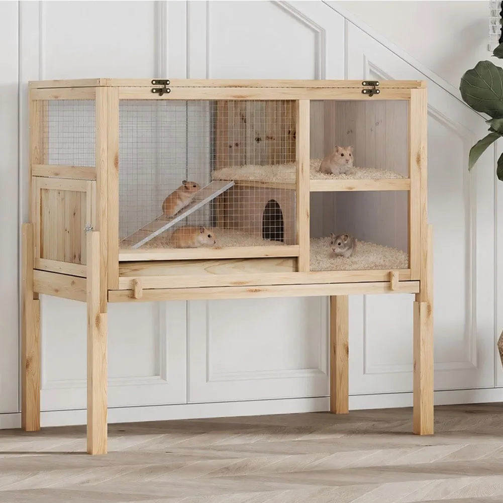 Wooden 2-Story Small Pet Cage with Stand, Ramp, and Hideout