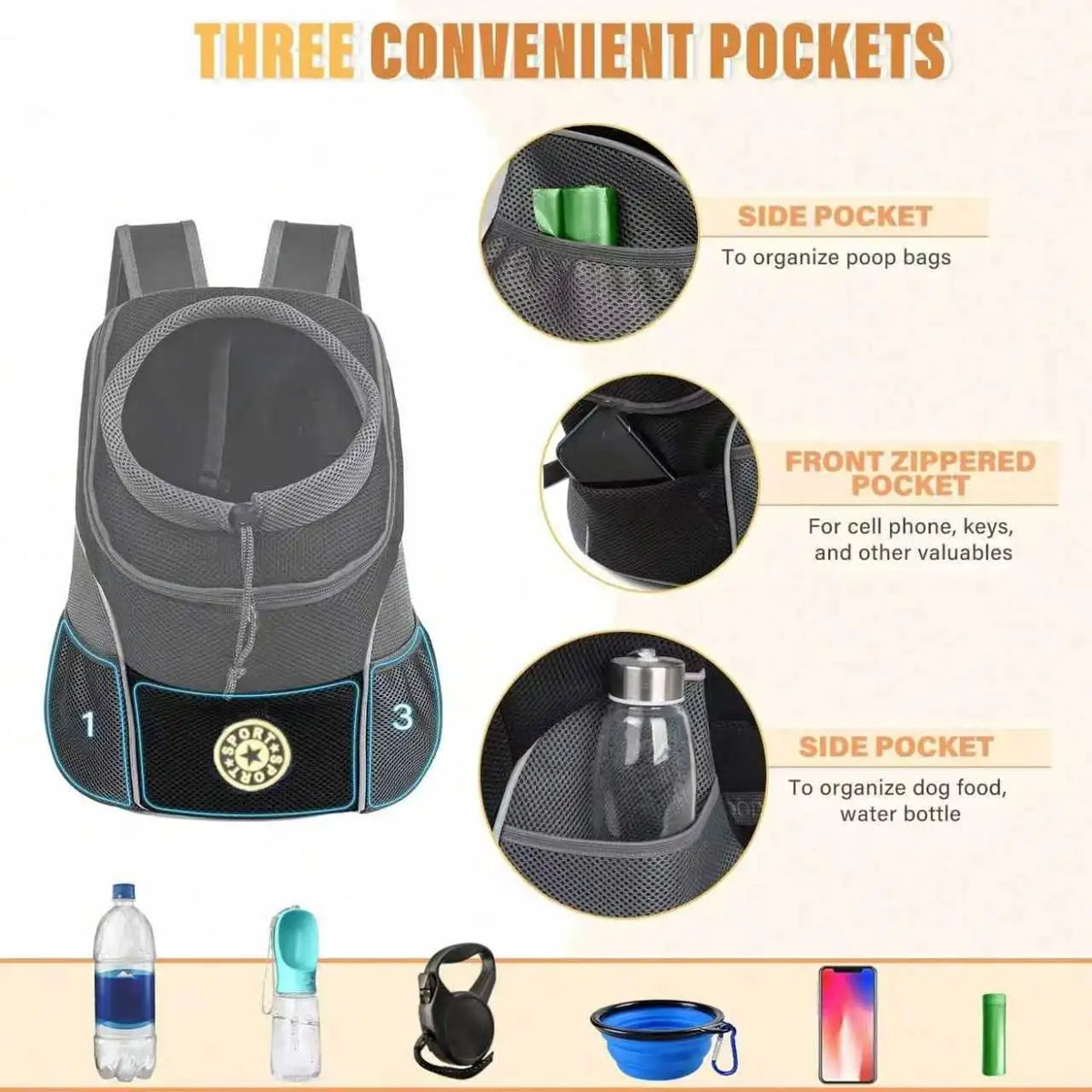 A black ventilated pet carrier backpack with three convenient pockets for organizing supplies like poop bags, valuables, and 