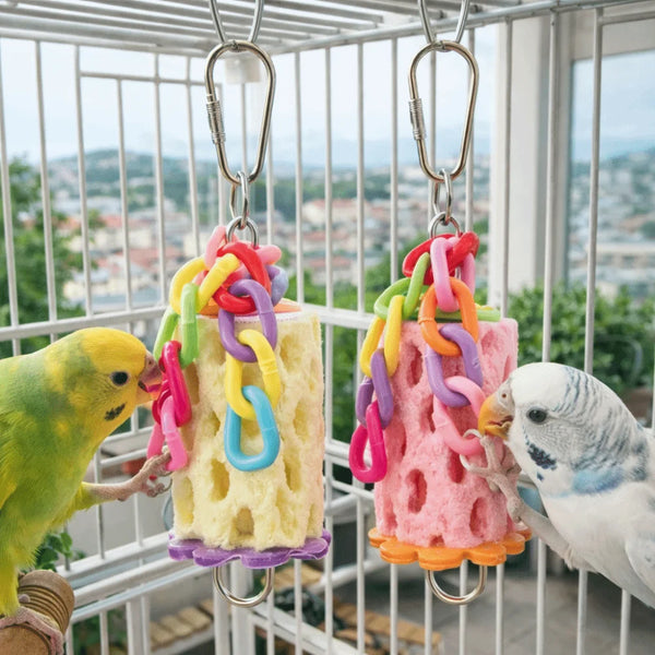 Two parrots interact with colorful hanging chewing toys inside a wire cage.