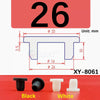 Black and white silicone rubber hole plugs shown with dimensional markings