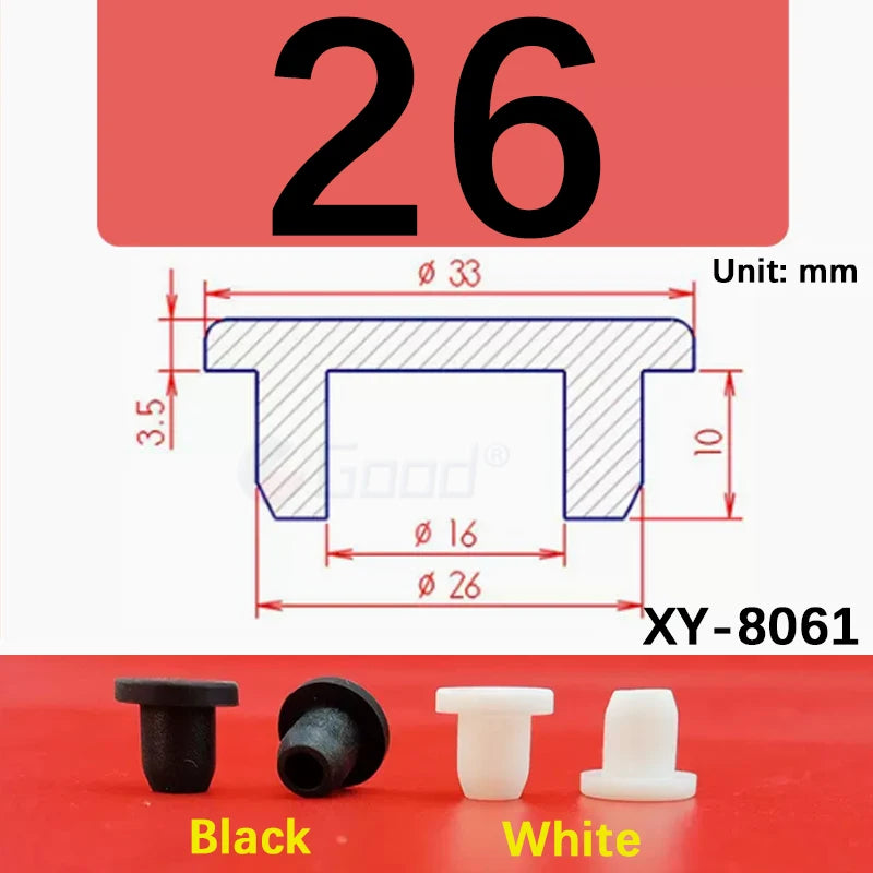 Black and white silicone rubber hole plugs shown with dimensional markings