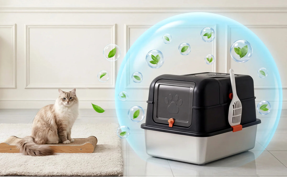 Large Stainless Steel Enclosed Cat Litter Box with Anti-Slip Base