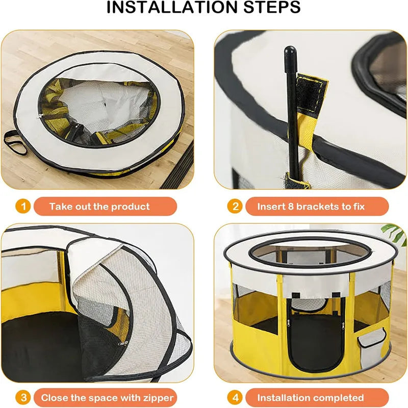Étapes d'installation montrant comment monter une caisse de jeu portable et pliable pour animaux avec un sac de transport