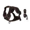 A brown reflective dog harness and leash set for small to medium dogs.