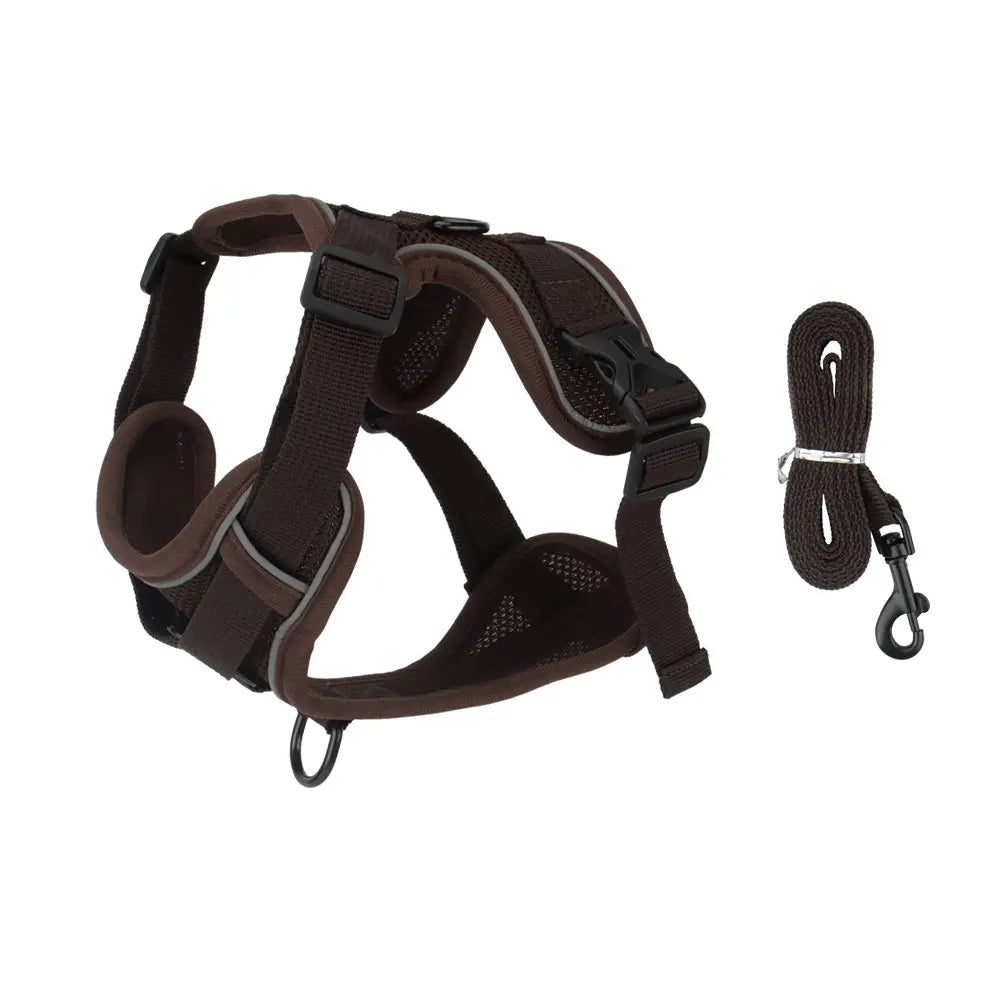 A brown reflective dog harness and leash set for small to medium dogs.