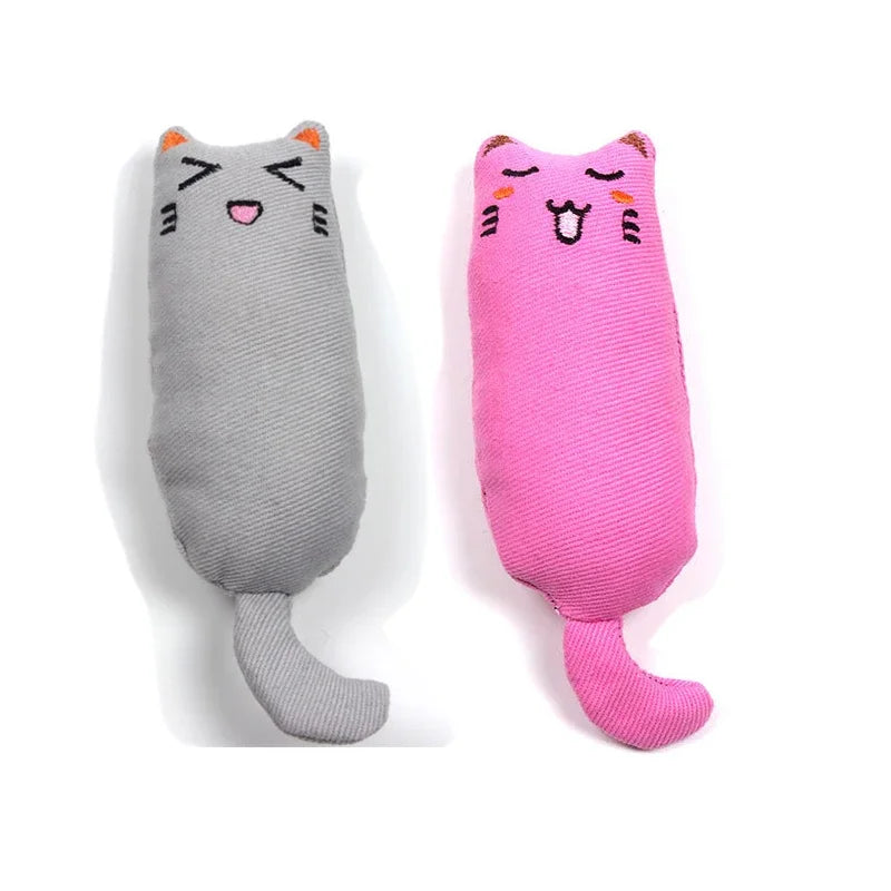 A pair of plush cat toys shaped like cats, one gray and one pink, with a soft thumb pillow design.