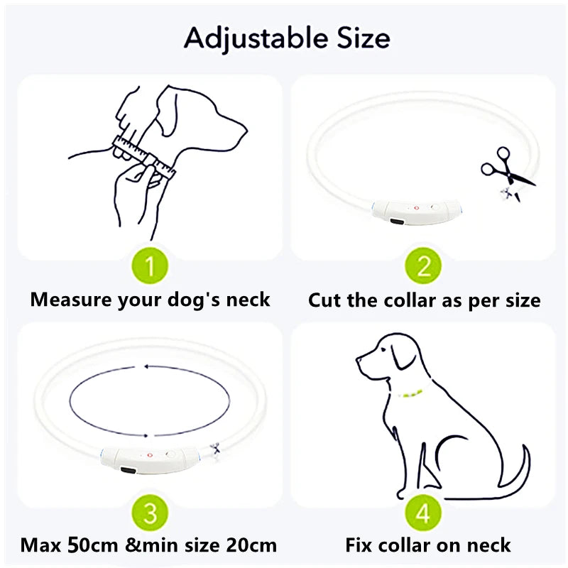 Instructions for measuring and fitting an adjustable pet safety light collar on a dog's neck.