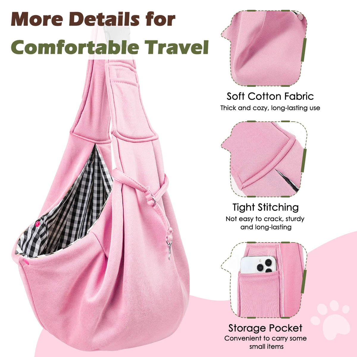 Pink reversible hands-free dog sling carrier with storage pocket and soft cotton fabric