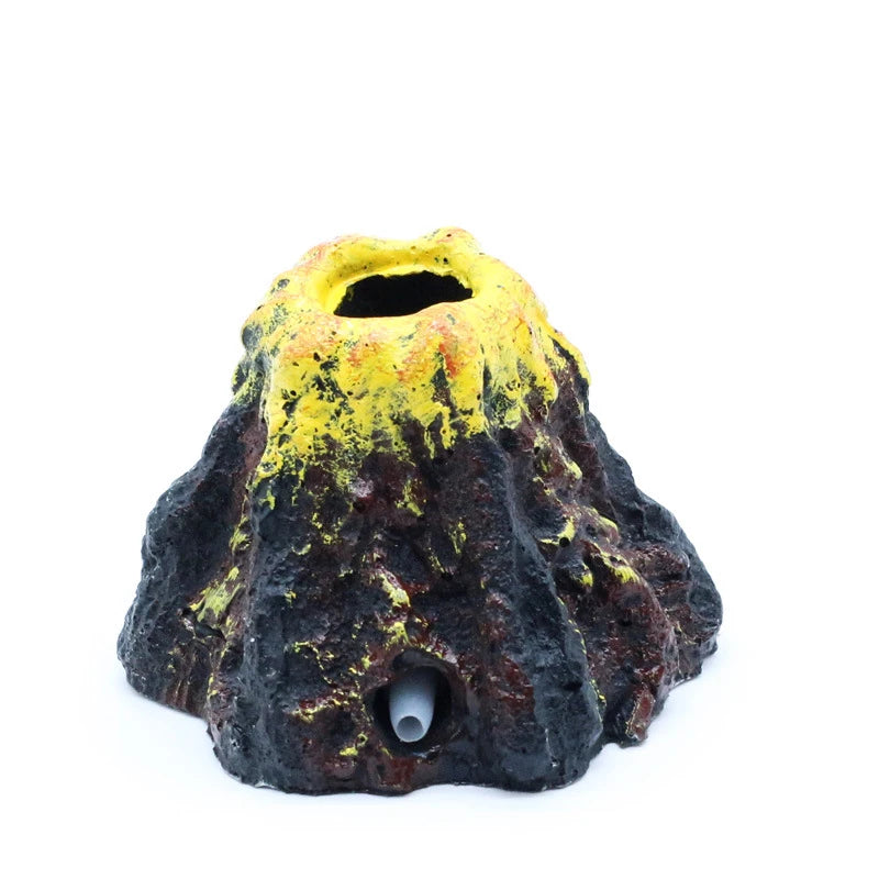 A textured, dark volcanic rock with bright yellow mineral deposits and a small hole, used as aquarium decor.