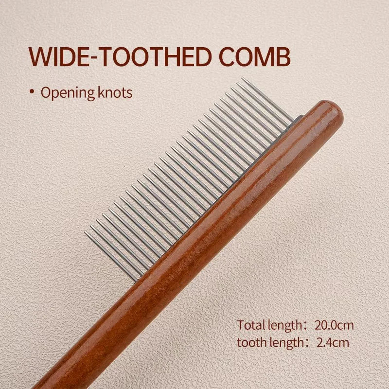 A close-up of a wooden wide-toothed comb with parallel teeth, showing its length and detail.