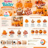 A collection of pumpkin themed baby toys including dolls, accessories, and decorative items.