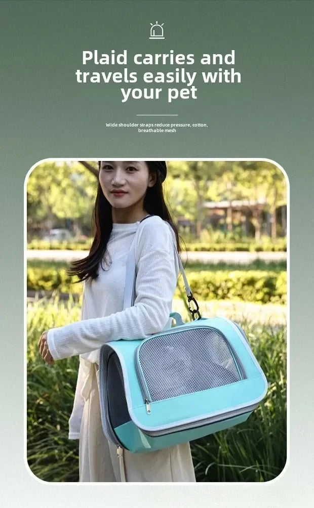 A woman holds a light blue breathable mesh pet carrier bag for cats and small dogs outdoors.