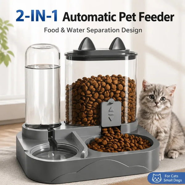 A 2-in-1 automatic pet feeder and water dispenser with a separation design, featuring dry food and water compartments.
