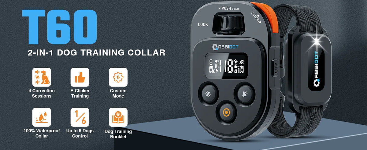 A black and orange 2-in-1 dog training collar with an attached leash is displayed on a dark background.