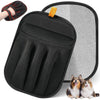 Black reusable pet grooming gloves with a mesh design and an orange tab, shown next to a cat and dog.