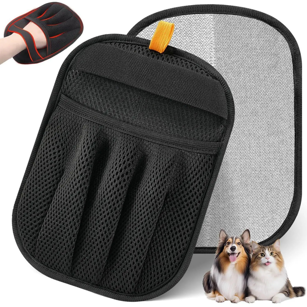 Black reusable pet grooming gloves with a mesh design and an orange tab, shown next to a cat and dog.