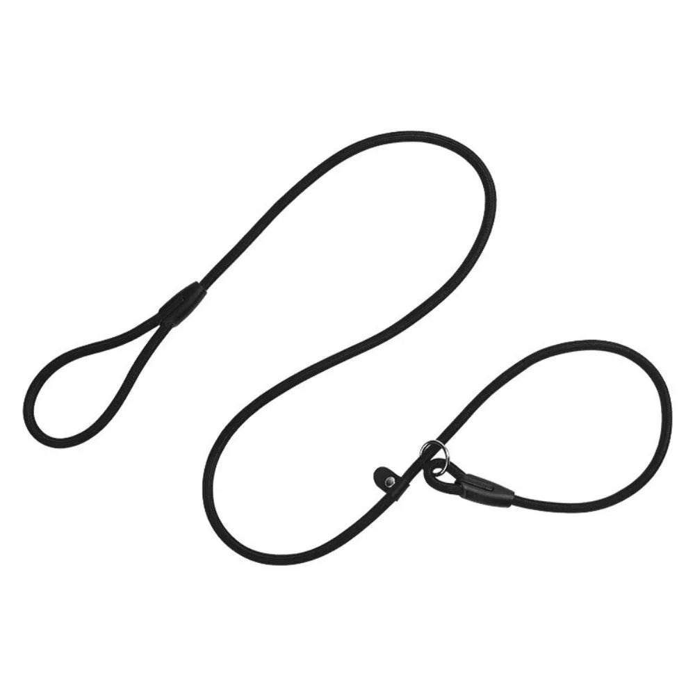 Black adjustable nylon dog slip leash with a hook end