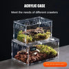A clear acrylic case containing a reptile terrarium setup with substrate and greenery.