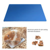 Blue aluminum panel used as a cooling pad for pet heat dissipation, shown next to small rodents.