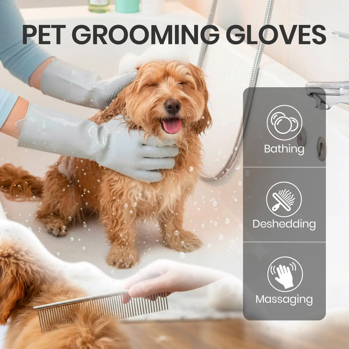 Hands wearing silicone pet grooming gloves gently bathe and massage a golden retriever dog.