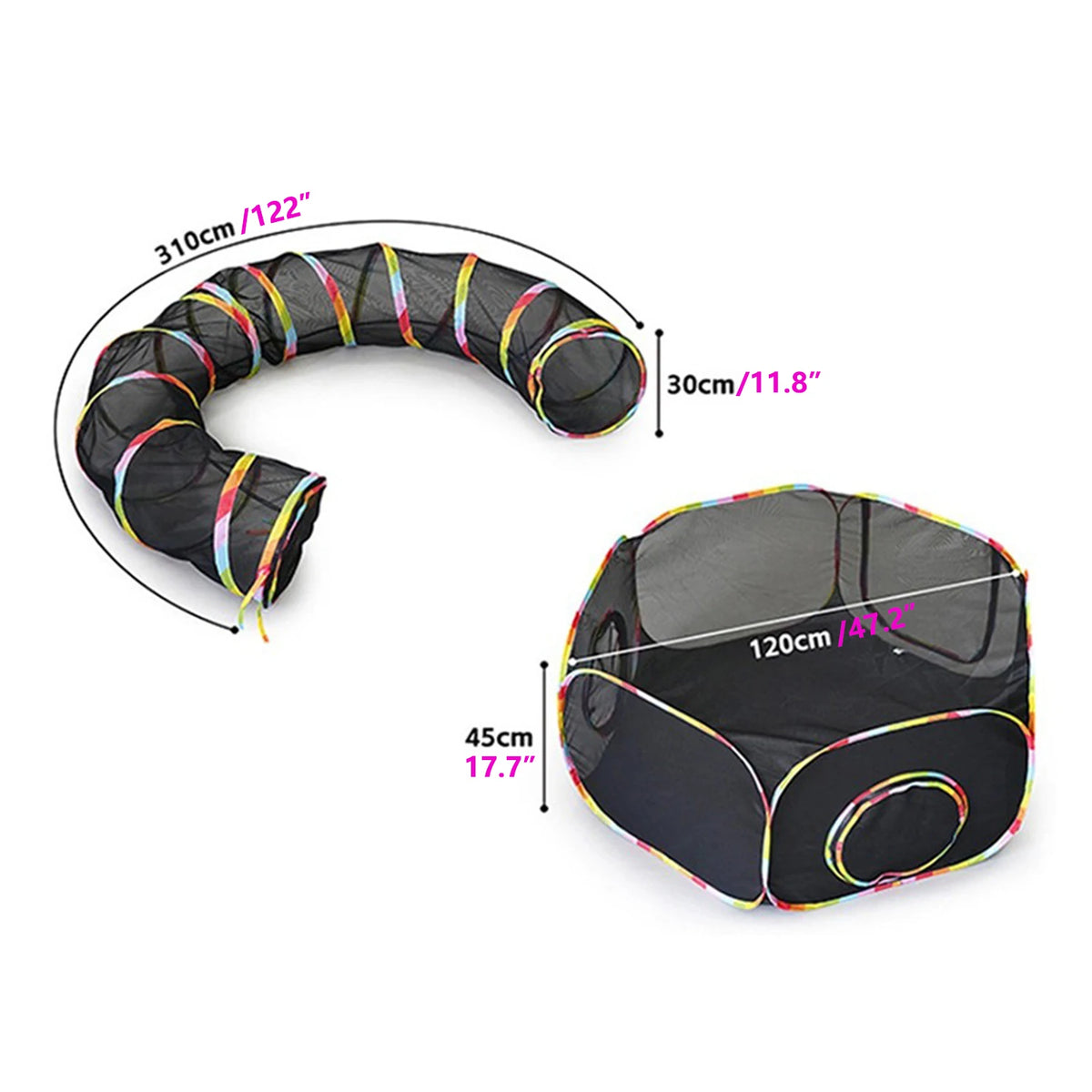Enclos extérieur noir pour chat avec tente et tunnel à filet coloré.