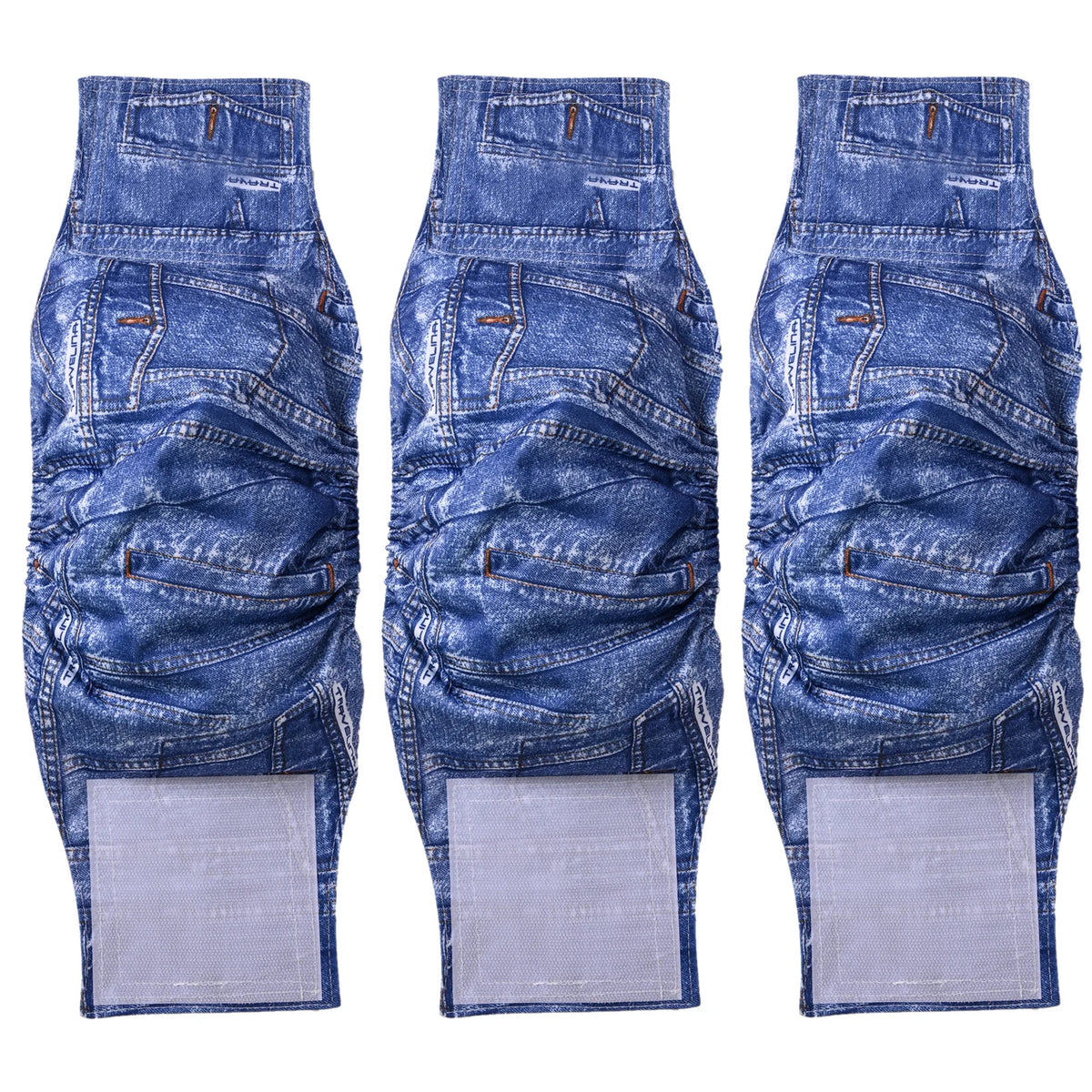Three pairs of blue denim washable dog diaper wraps for male dogs