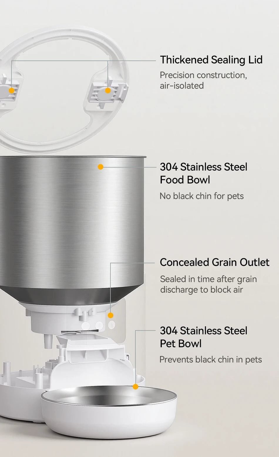 A stainless steel pet bowl and lid assembly for a smart automatic pet feeder, showing the construction details.