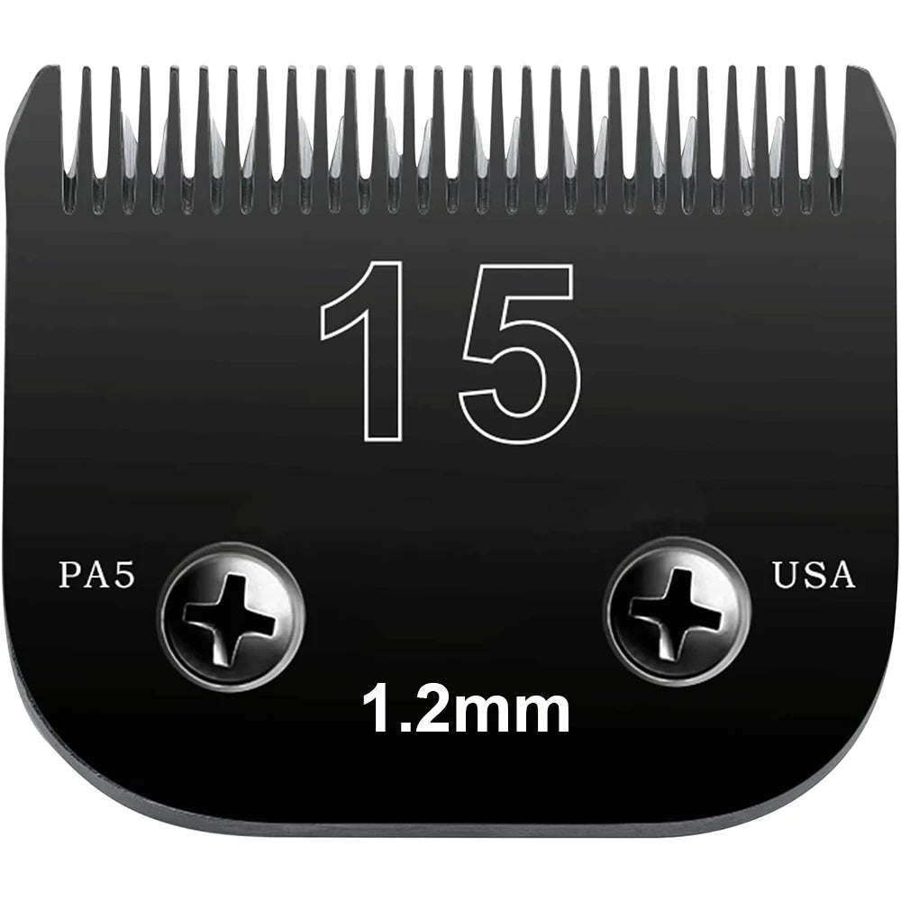 A black professional detachable dog clipper blade set with a 15 guard and 1.2mm blade size.