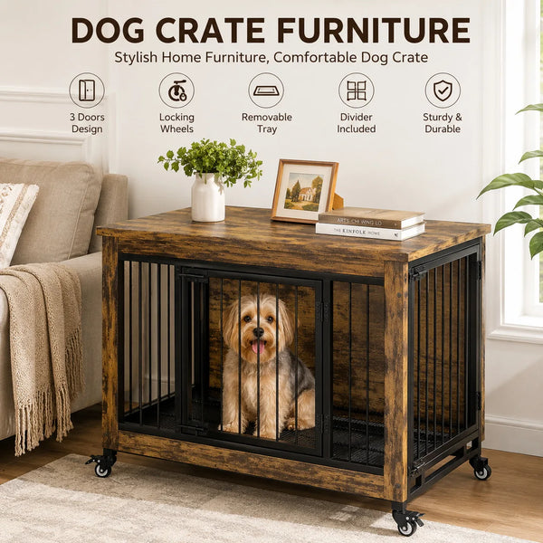A wooden dog crate furniture with 3 doors, locking wheels, and a removable tray, displayed on a floor.