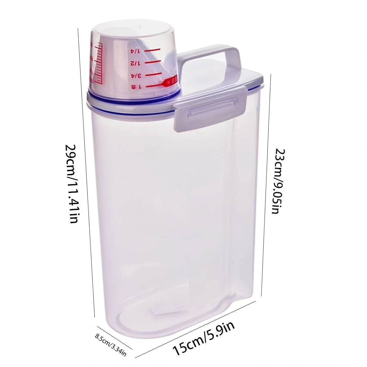 A clear airtight pet food storage container with a measuring scale on the lid.