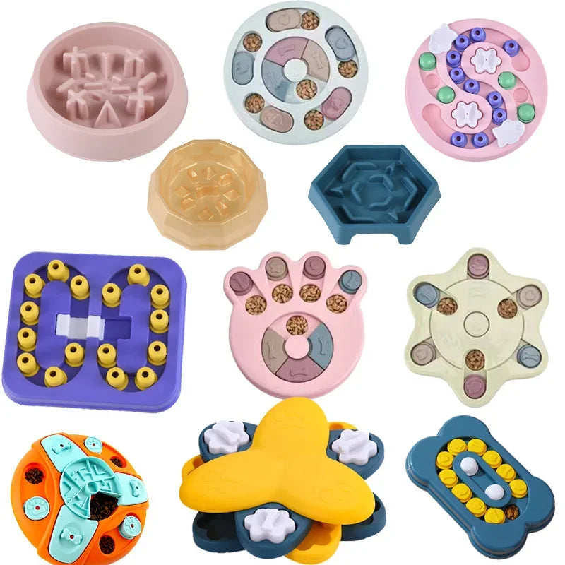 Collection de jouets de nourriture à puzzle interactifs colorés pour chiens et chats, en silicone, plastique et caoutchouc.