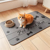 An orange tabby cat sits on a gray pet food mat with paw prints and a bone design, next to a bowl of dry food.