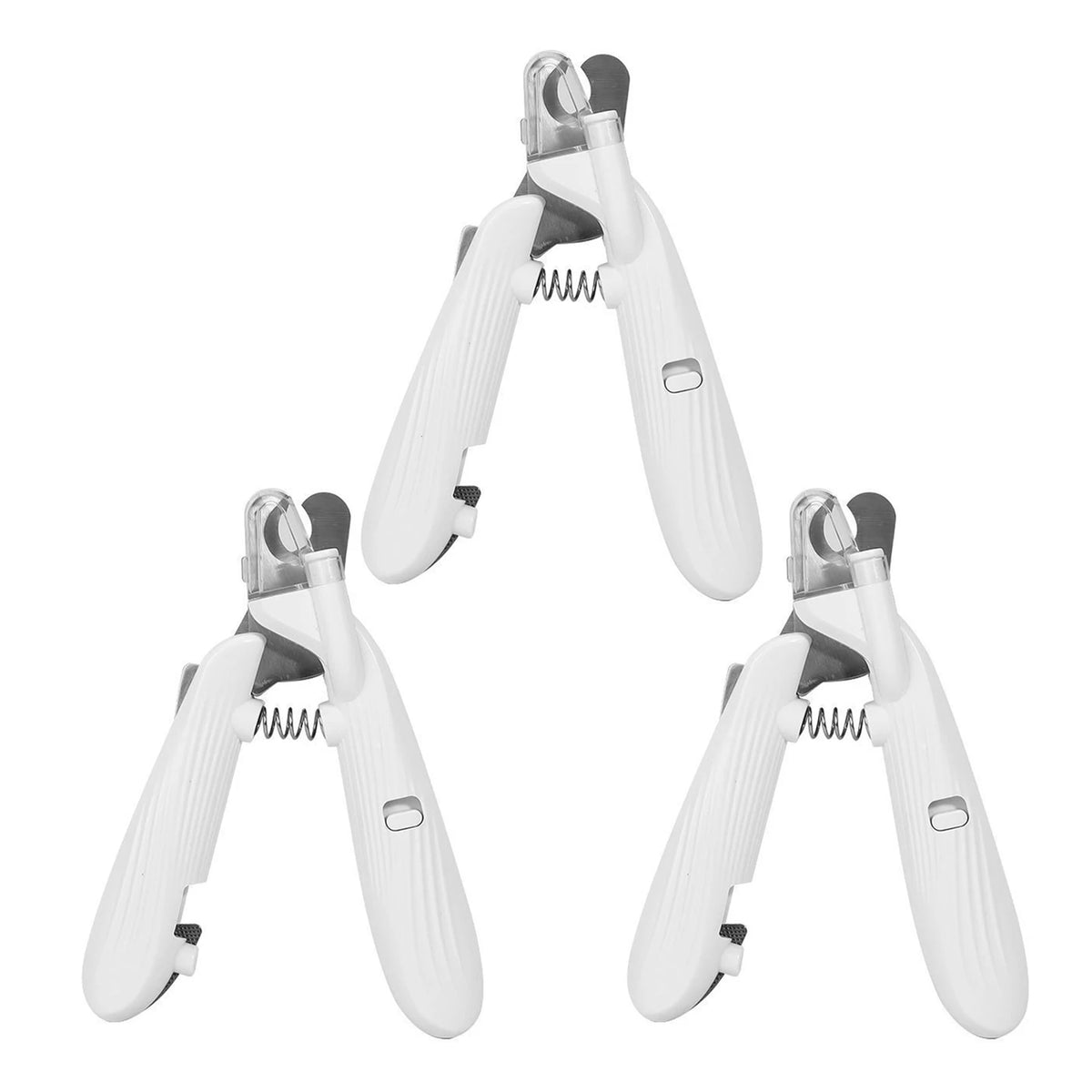 A pair of white pet nail clippers with safety guards and LED light features.