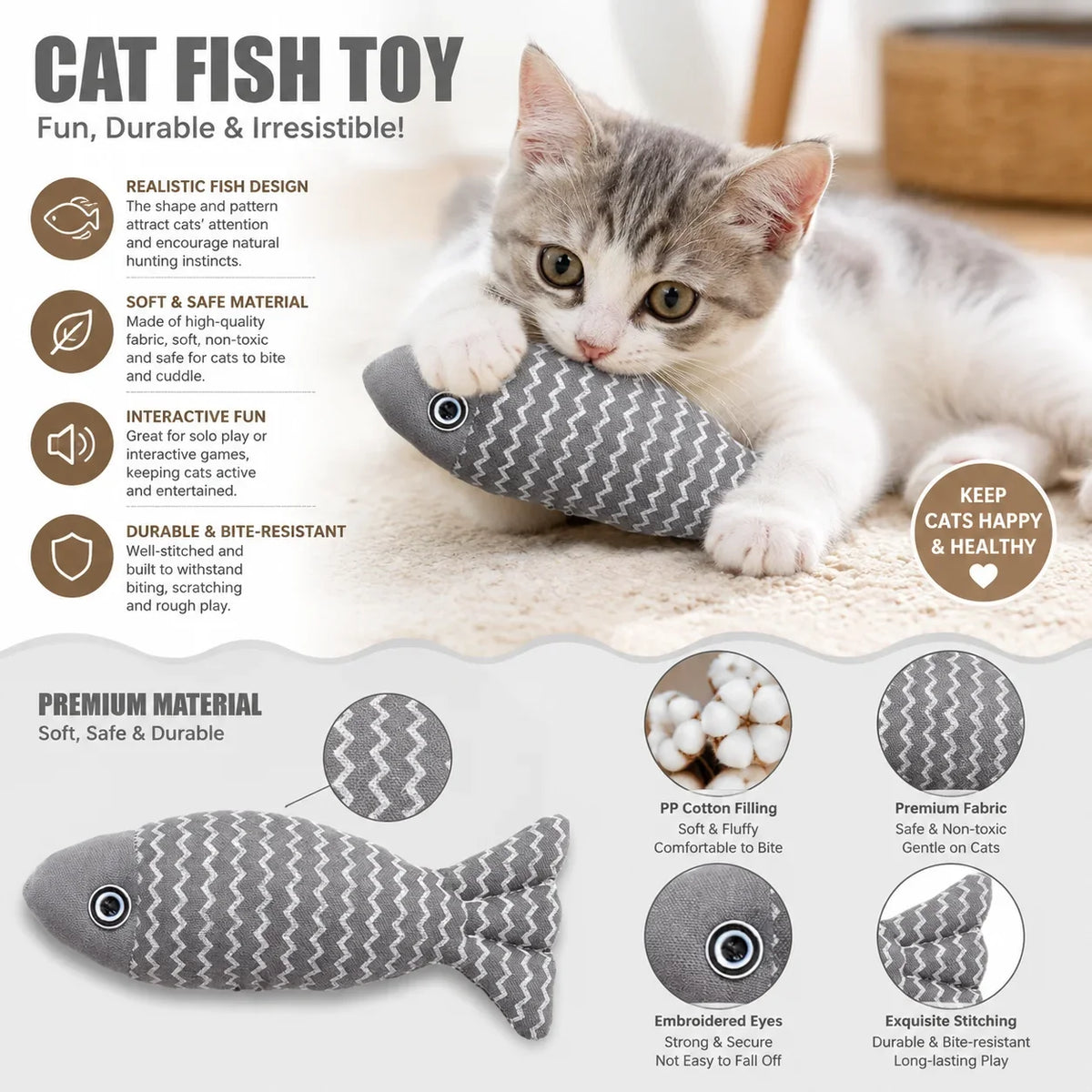 A kitten is playing with a gray and white striped fish plush toy designed for interactive fun.