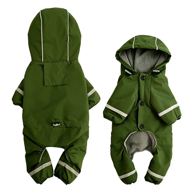 A green insulated hooded dog raincoat with reflective strips shown from the front.
