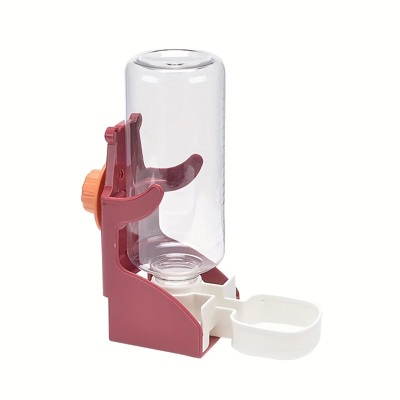 A pink No-Drip hanging water bottle for small pets with a clear cylindrical container and a white tray.