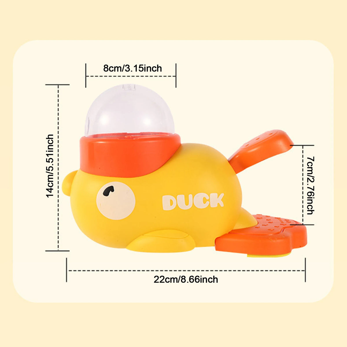 Gelbe, duckförmige Leckerli-Dispenser mit orangem Deckel und orangefarbiger Futterplattform für Haustiere.