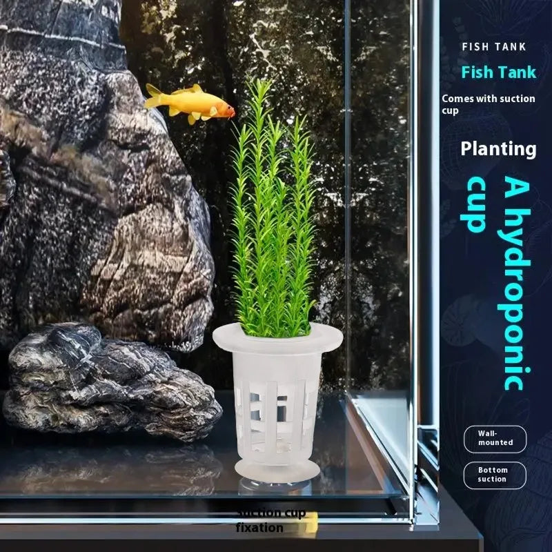 A clear plastic hydroponic planting cup with green plants inside a glass fish tank.