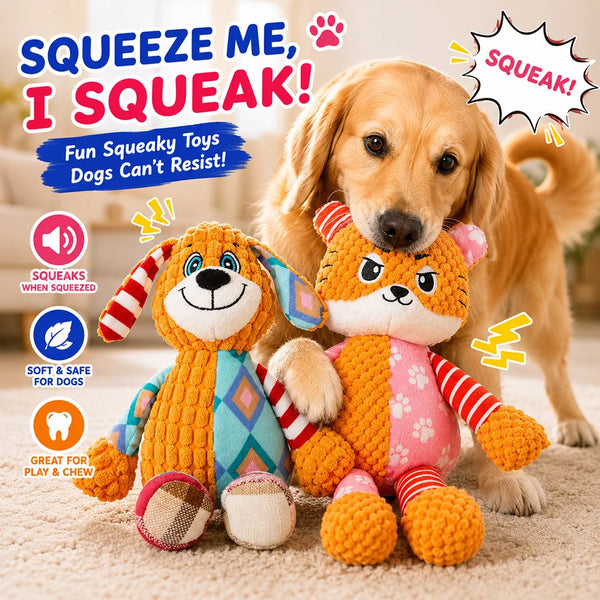 A golden retriever puppy sits next to a bright orange squeaky plush toy for dogs.